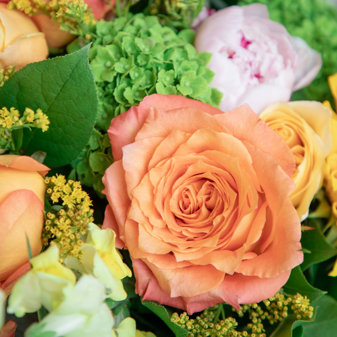 Close-up of a bouquet of flowers with pink, yellow, and green colors.