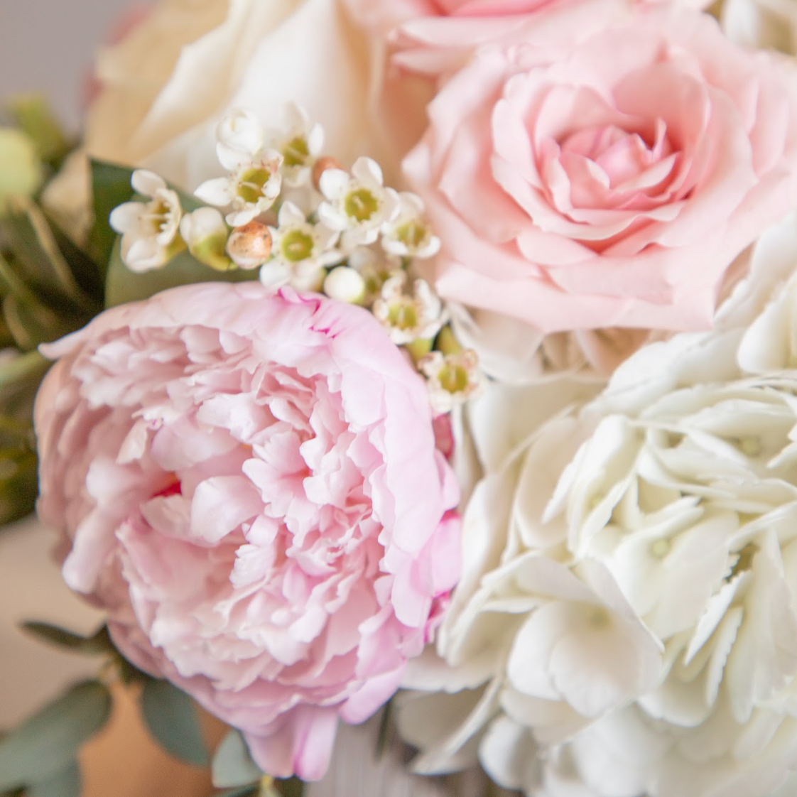 Bouquet of pink and white flowers with greenery on a blurred background