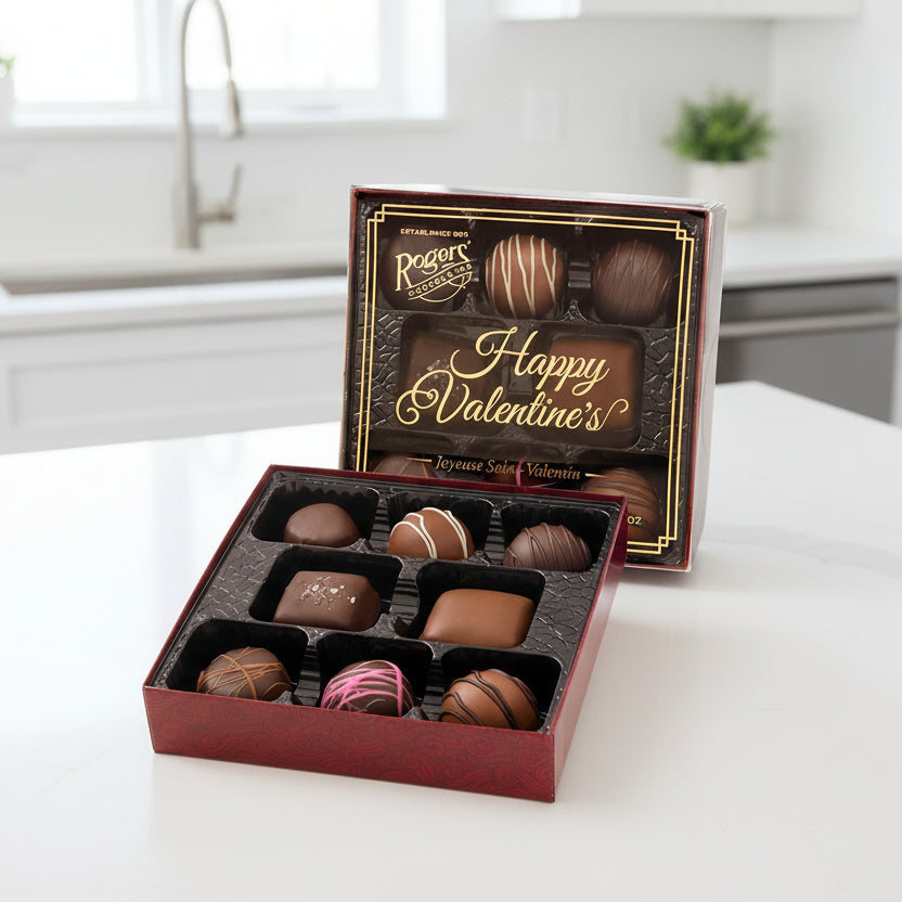 Box of Roger's chocolates with 'Happy Valentine's' text on a white background