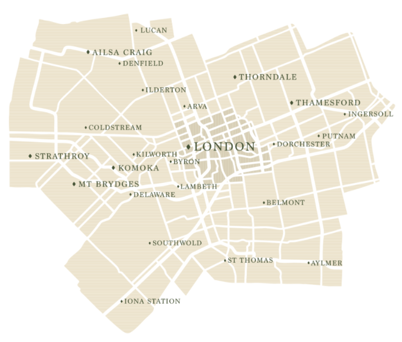 Map of London Ontario same-day flower delivery zones from Lovebird Flowers