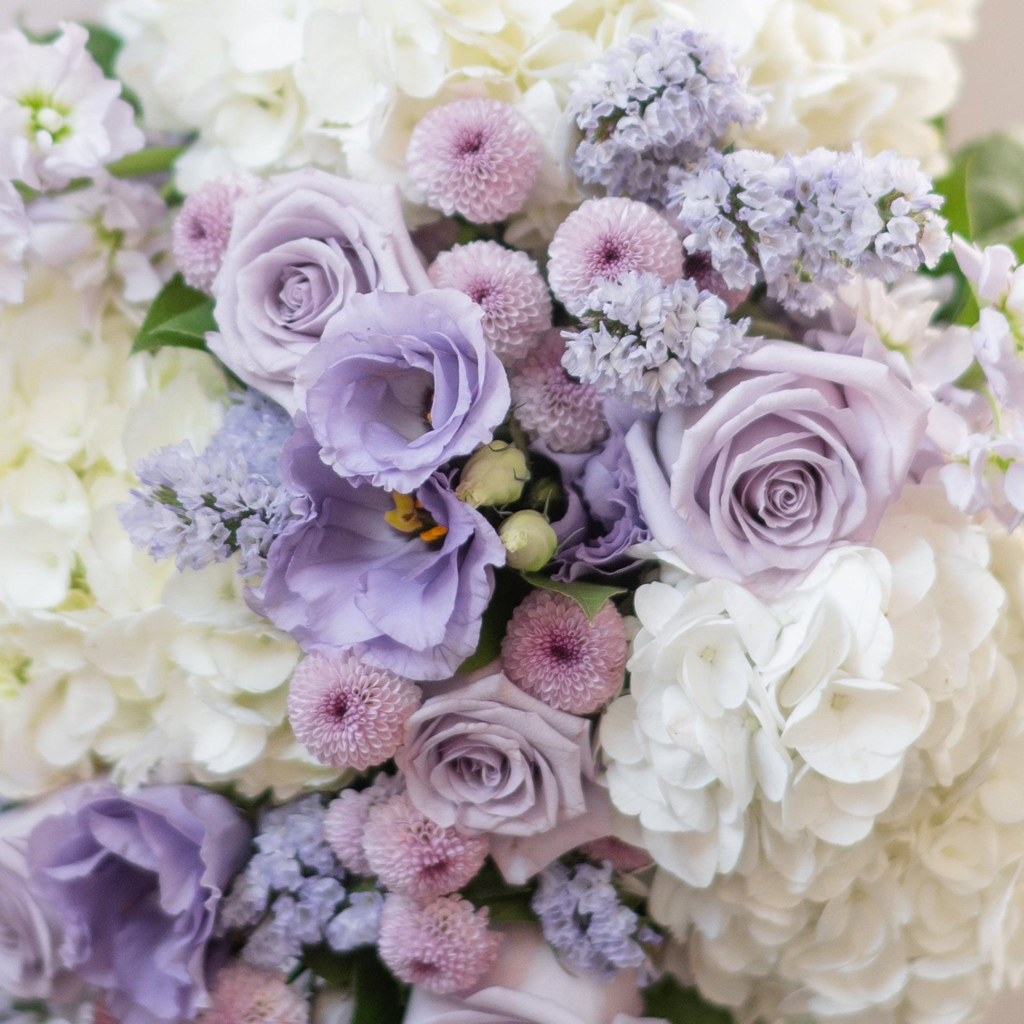 close up of white hydrangea bouquet with purple roses, purple lisianthus, lavender statics and stock.