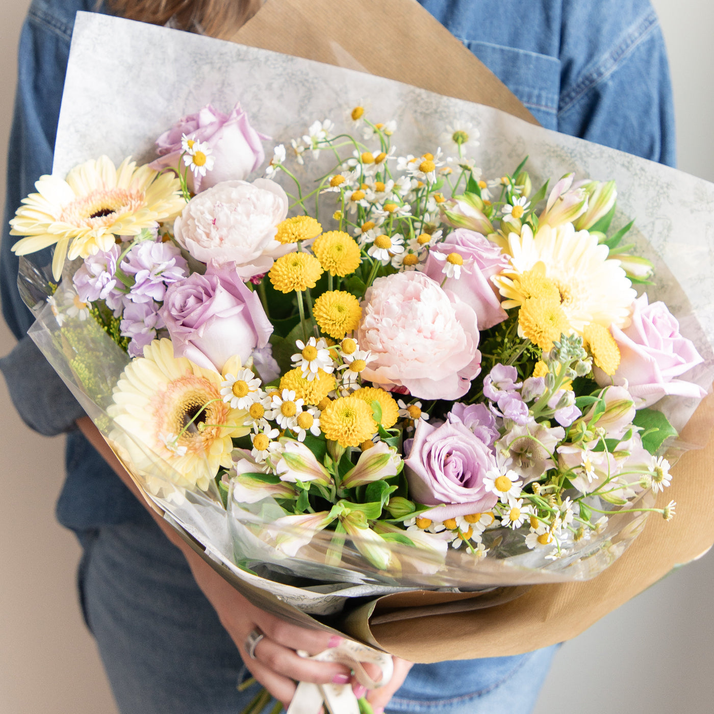 Pink, lavender and soft yellow bouquet 